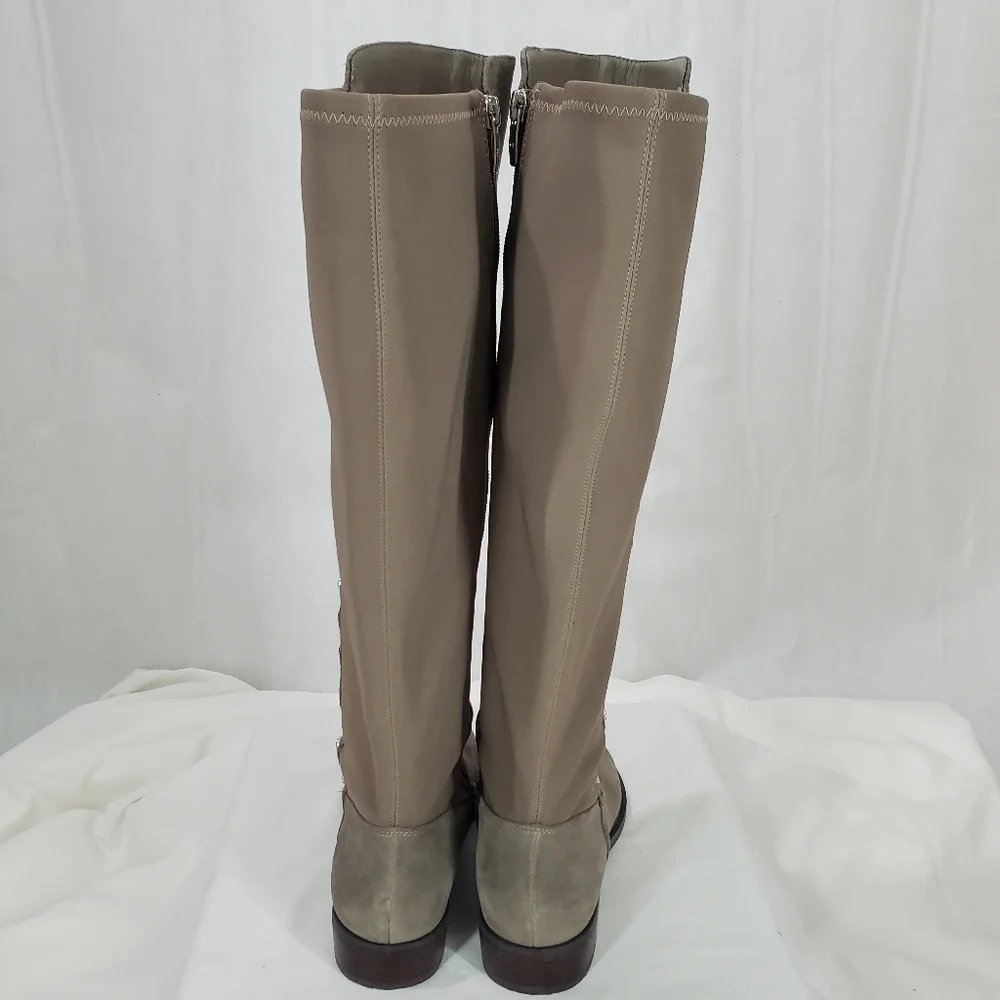 Marc Fisher Suede Leather Med Calf Tall Shaft Studded Taupe Gray Boots EUC 6.5